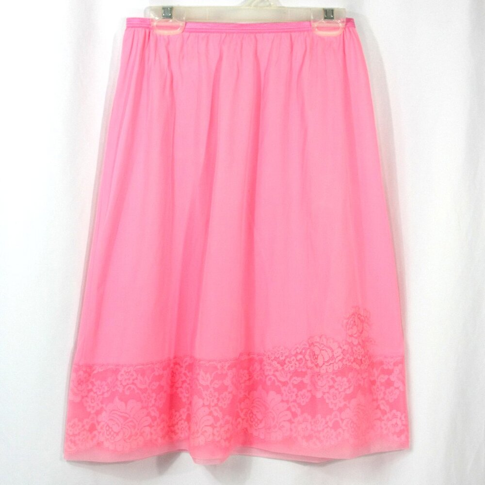 Vintage Vanity Fair Pink Floral Lace Trim Elastic Waist Nylon Skirt Slip S 1960s